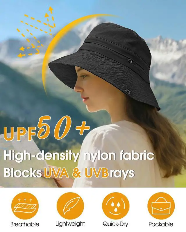 Alt view image 5 of 6 - Sun Hats for Women Men, Waterproof Packable 2 in 1 UV Protection Sunhat for Summer Hiking Outdoor Garden Black