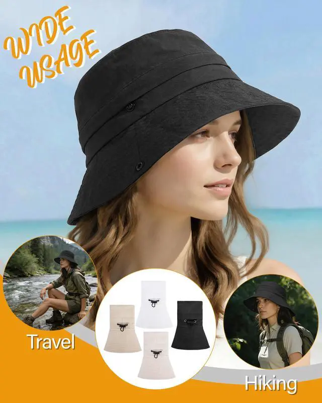 Alt view image 6 of 6 - Sun Hats for Women Men, Waterproof Packable 2 in 1 UV Protection Sunhat for Summer Hiking Outdoor Garden Black
