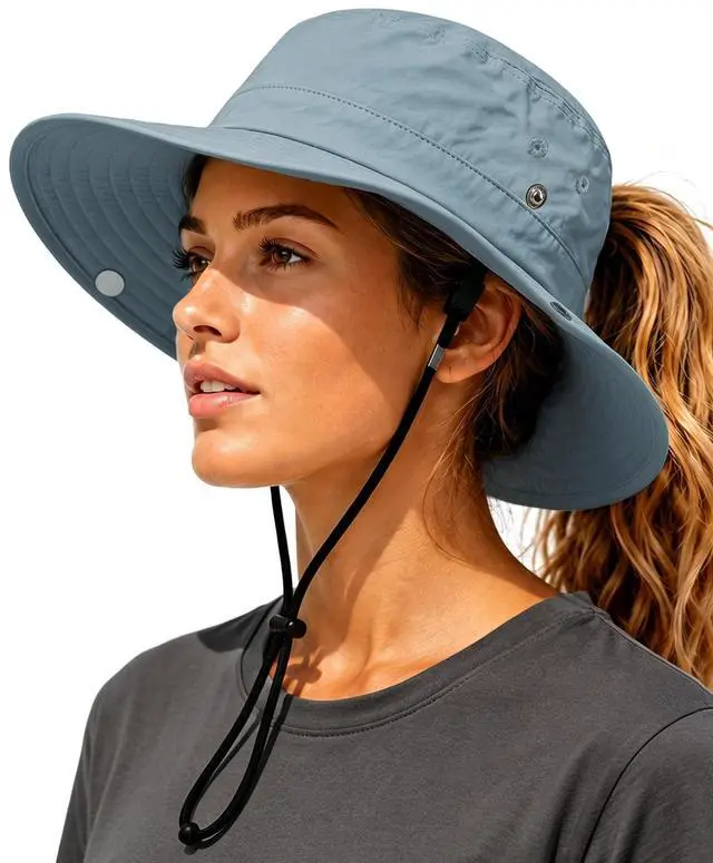 Main image of Womens Sun Hat with Ponytail Hole Wide Brim UPF 50+ Waterproof Bucket Hat Packable with Chin Strap for Hiking Beach Travel Blue Gray