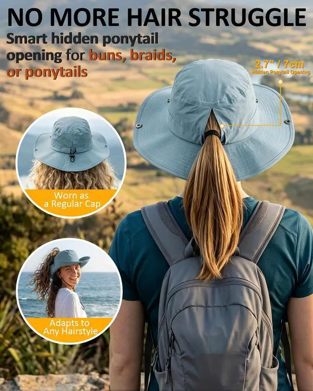 Alt view image 4 of 6 - Womens Sun Hat with Ponytail Hole Wide Brim UPF 50+ Waterproof Bucket Hat Packable with Chin Strap for Hiking Beach Travel Blue Gray