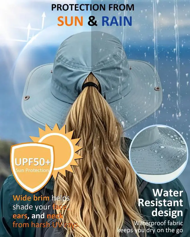 Alt view image 2 of 6 - Womens Sun Hat with Ponytail Hole Wide Brim UPF 50+ Waterproof Bucket Hat Packable with Chin Strap for Hiking Beach Travel Blue Gray