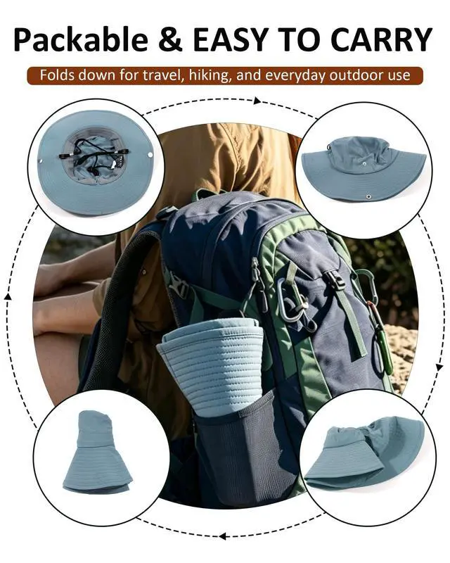 Alt view image 3 of 6 - Womens Sun Hat with Ponytail Hole Wide Brim UPF 50+ Waterproof Bucket Hat Packable with Chin Strap for Hiking Beach Travel Blue Gray