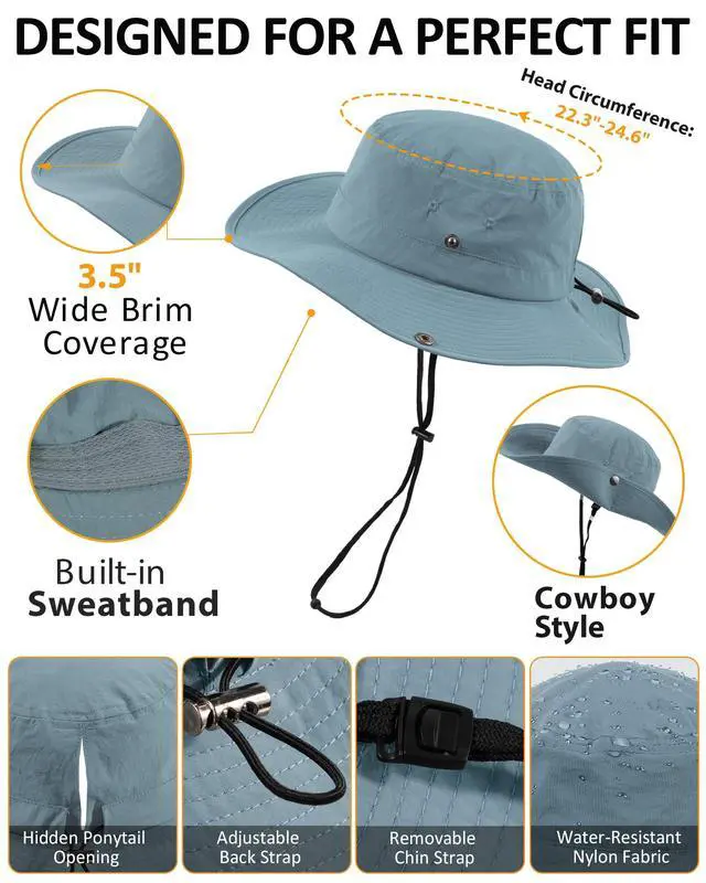 Alt view image 5 of 6 - Womens Sun Hat with Ponytail Hole Wide Brim UPF 50+ Waterproof Bucket Hat Packable with Chin Strap for Hiking Beach Travel Blue Gray