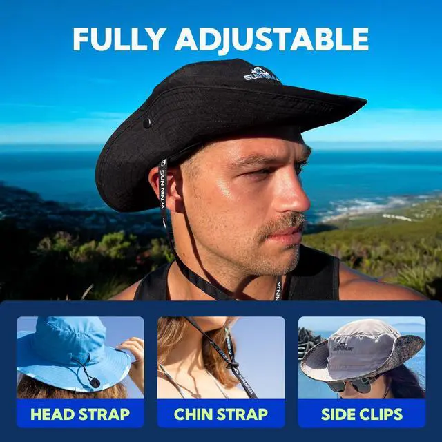 Alt view image 4 of 7 - Bucket Hat for Men & Women, Cooling with Adjustable Strap, Wide Brim, UPF UV 50+ Protection, Foldable Boonie Hat for Fishing, Hiking, Beach, Safari, Kayaking, SUPing - Palm Trees