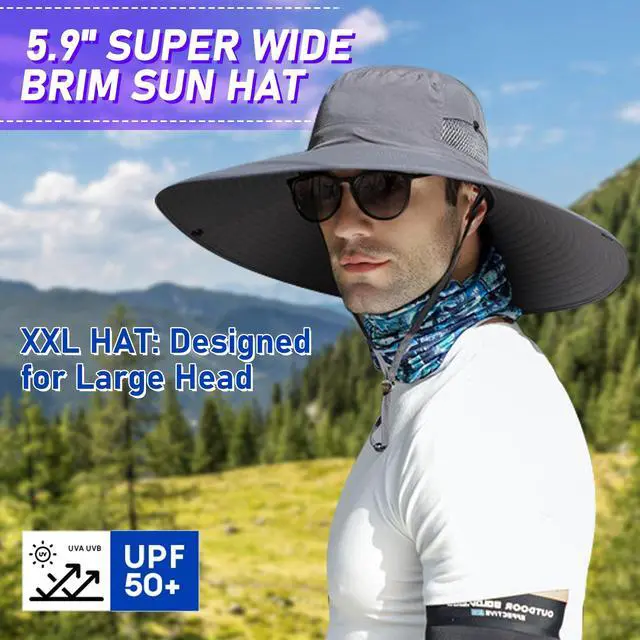Alt view image 2 of 6 - XXL Big Head & Super Wide Brim Sun Hats for Men, Large Fishing Sun Hat UPF50+Waterproof Boonie Bucket Hat for Safari Gardening,Hiking, Beach Dark Grey