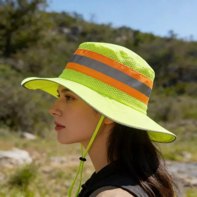 Alt view image 4 of 7 - Reflective Sun Hat Mesh Work Safety Boonie Hat UPF50+ Wide Brim Bucket Cap for Outdoor Hiking Men Women