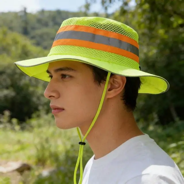 Alt view image 6 of 7 - Reflective Sun Hat Mesh Work Safety Boonie Hat UPF50+ Wide Brim Bucket Cap for Outdoor Hiking Men Women