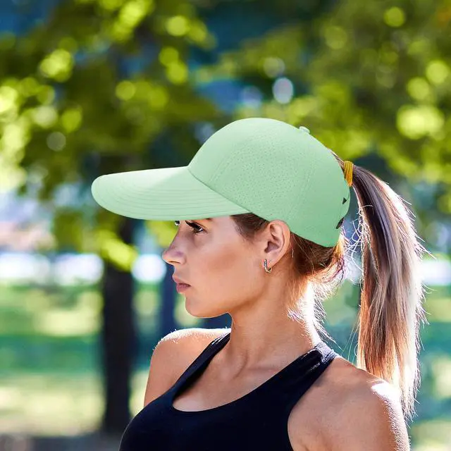 Alt view image 7 of 7 - Women's Wide Brim Sun Hat with Adjustable Ponytail, UV Protection, Packable Floppy Beach Hat for Hiking, Fishing, and Outdoor Activities (Mint Green)