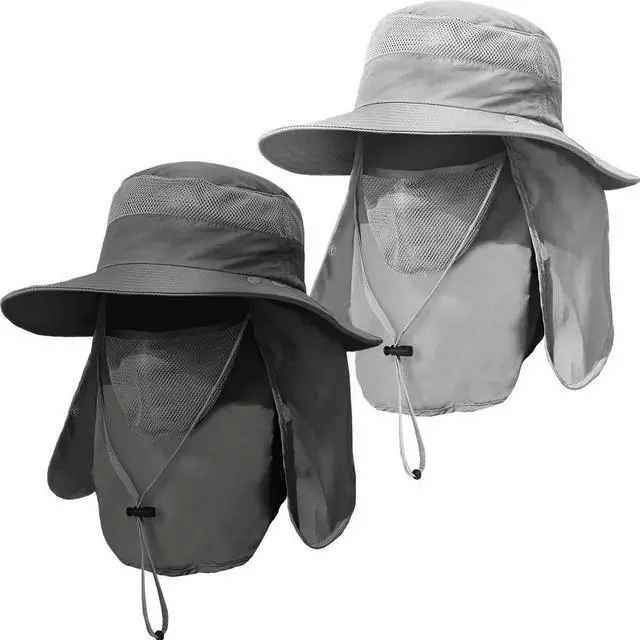 Main image of 2 Pieces Men's Wide Brim Fishing Hat Outdoor UPF 50+ Sun Protection Removable Face and Neck Flap (Dark Grey & Light Grey)