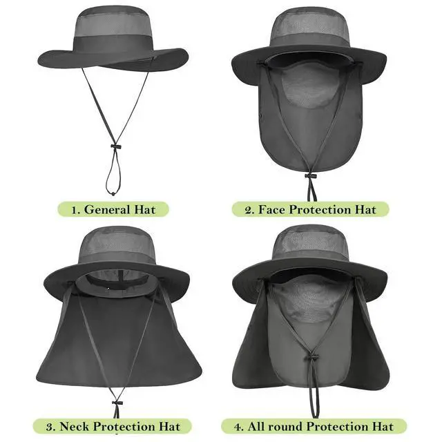 Alt view image 3 of 6 - 2 Pieces Men's Wide Brim Fishing Hat Outdoor UPF 50+ Sun Protection Removable Face and Neck Flap (Dark Grey & Light Grey)