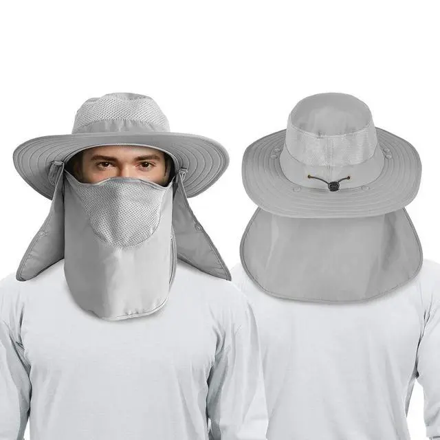 Alt view image 2 of 6 - 2 Pieces Men's Wide Brim Fishing Hat Outdoor UPF 50+ Sun Protection Removable Face and Neck Flap (Dark Grey & Light Grey)