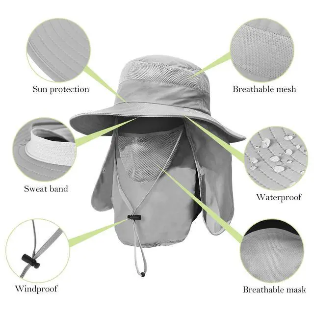 Alt view image 4 of 6 - 2 Pieces Men's Wide Brim Fishing Hat Outdoor UPF 50+ Sun Protection Removable Face and Neck Flap (Dark Grey & Light Grey)