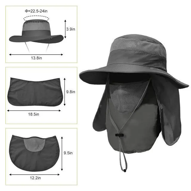 Alt view image 5 of 6 - 2 Pieces Men's Wide Brim Fishing Hat Outdoor UPF 50+ Sun Protection Removable Face and Neck Flap (Dark Grey & Light Grey)