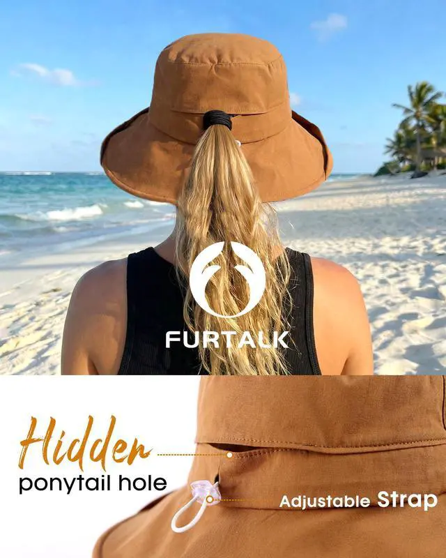 Alt view image 3 of 6 - Sun Hats for Women Wide Brim Ponytail Beach Sun Protection Hat with Fold-Up Brim Bucket Hat Brown