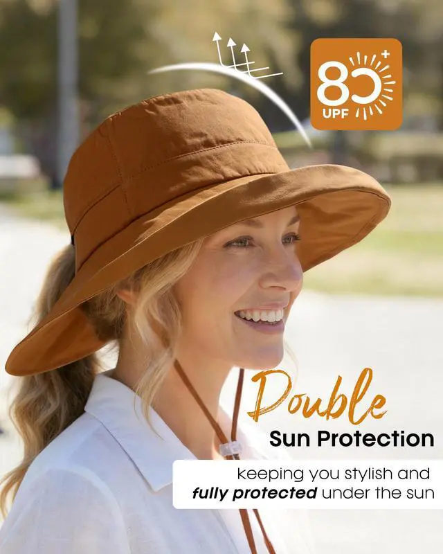 Alt view image 2 of 6 - Sun Hats for Women Wide Brim Ponytail Beach Sun Protection Hat with Fold-Up Brim Bucket Hat Brown
