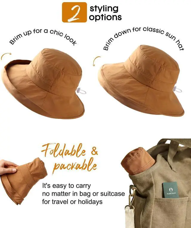 Alt view image 5 of 6 - Sun Hats for Women Wide Brim Ponytail Beach Sun Protection Hat with Fold-Up Brim Bucket Hat Brown
