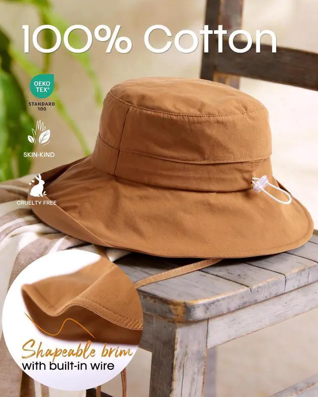 Alt view image 4 of 6 - Sun Hats for Women Wide Brim Ponytail Beach Sun Protection Hat with Fold-Up Brim Bucket Hat Brown