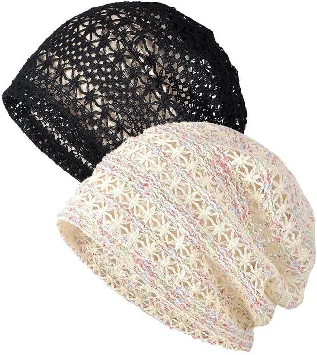 Main image of Womens Chemo Headwear Hats Cotton Slouchy Beanie Cap Scarf (2pcs Lace Mesh Black Beige)