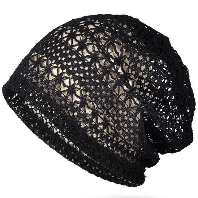 Alt view image 2 of 3 - Womens Chemo Headwear Hats Cotton Slouchy Beanie Cap Scarf (2pcs Lace Mesh Black Beige)