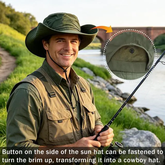 Alt view image 2 of 7 - Wide Brim Sun Hats for Men - UV Protection UPF50+ Waterproof Mens Bucket Sun Hat for Fishing, Hiking, Camping - Fathers Day Hat for Men Army-Green