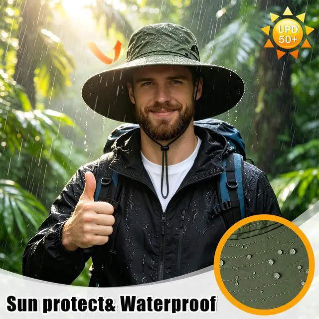 Alt view image 3 of 7 - Wide Brim Sun Hats for Men - UV Protection UPF50+ Waterproof Mens Bucket Sun Hat for Fishing, Hiking, Camping - Fathers Day Hat for Men Army-Green