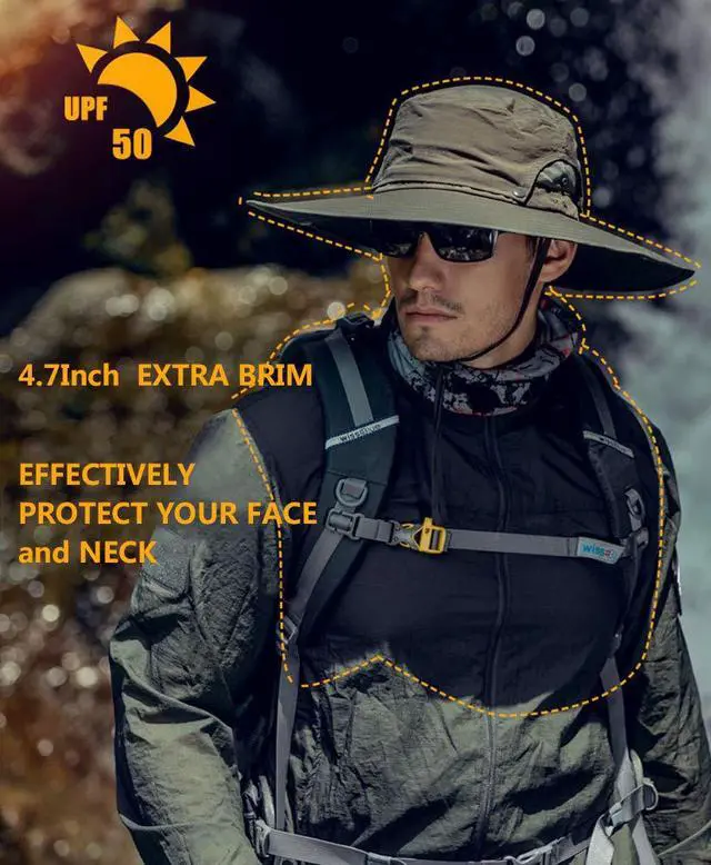 Alt view image 6 of 7 - Wide Brim Sun Hats for Men - UV Protection UPF50+ Waterproof Mens Bucket Sun Hat for Fishing, Hiking, Camping - Fathers Day Hat for Men Army-Green