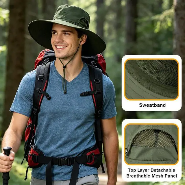 Alt view image 4 of 7 - Wide Brim Sun Hats for Men - UV Protection UPF50+ Waterproof Mens Bucket Sun Hat for Fishing, Hiking, Camping - Fathers Day Hat for Men Army-Green