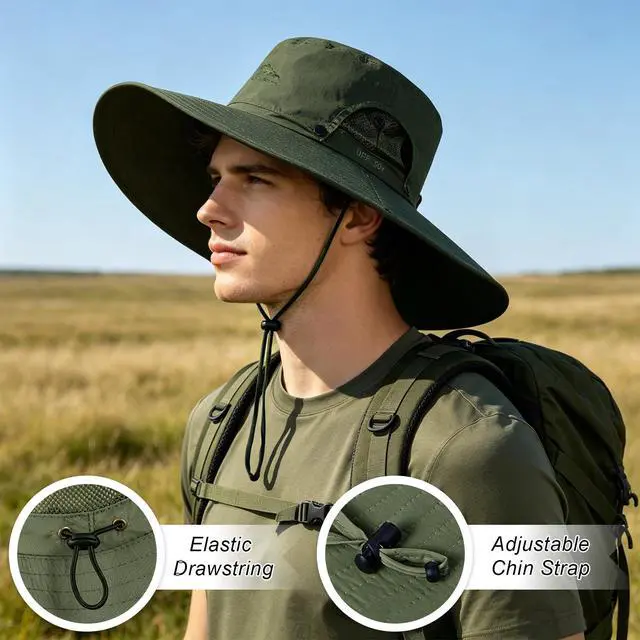 Alt view image 5 of 7 - Wide Brim Sun Hats for Men - UV Protection UPF50+ Waterproof Mens Bucket Sun Hat for Fishing, Hiking, Camping - Fathers Day Hat for Men Army-Green