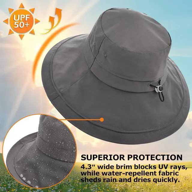 Alt view image 2 of 7 - Women's UPF 50+ Waterproof Wide Brim Sun Bucket Hat with Ponytail Hole