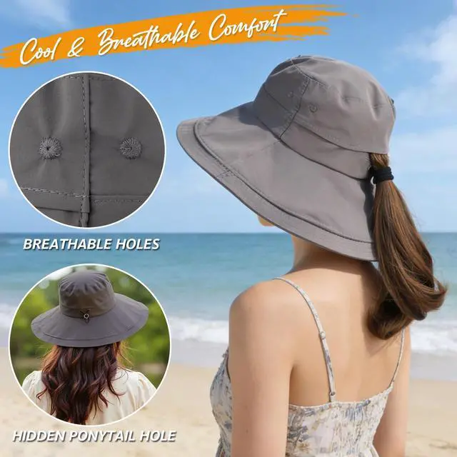 Alt view image 3 of 7 - Women's UPF 50+ Waterproof Wide Brim Sun Bucket Hat with Ponytail Hole
