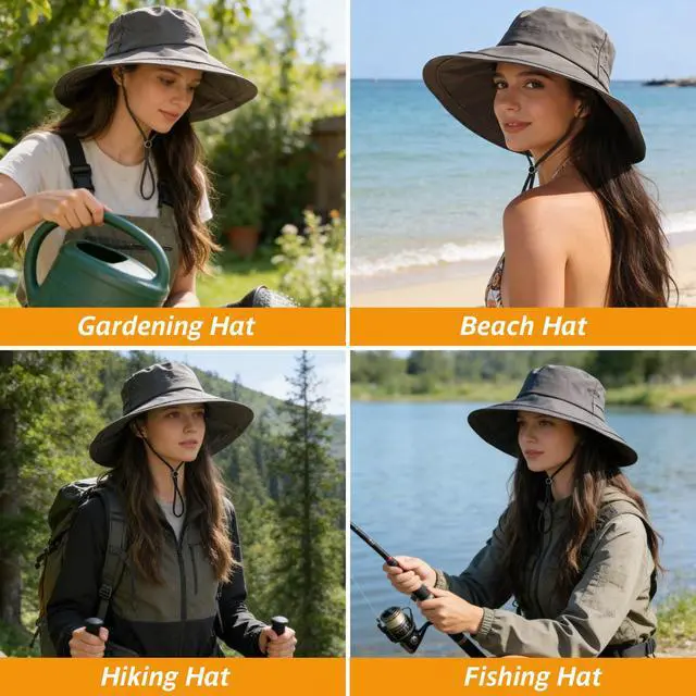 Alt view image 7 of 7 - Women's UPF 50+ Waterproof Wide Brim Sun Bucket Hat with Ponytail Hole
