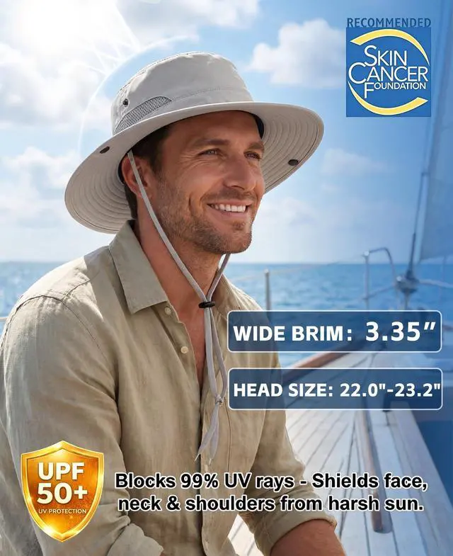 Alt view image 2 of 7 - UPF 50+ Sun Hats for Men Women Wide Brim Outdoor Fishing Hat Hiking Travel Sun Protection Hat Cowboy Light Grey