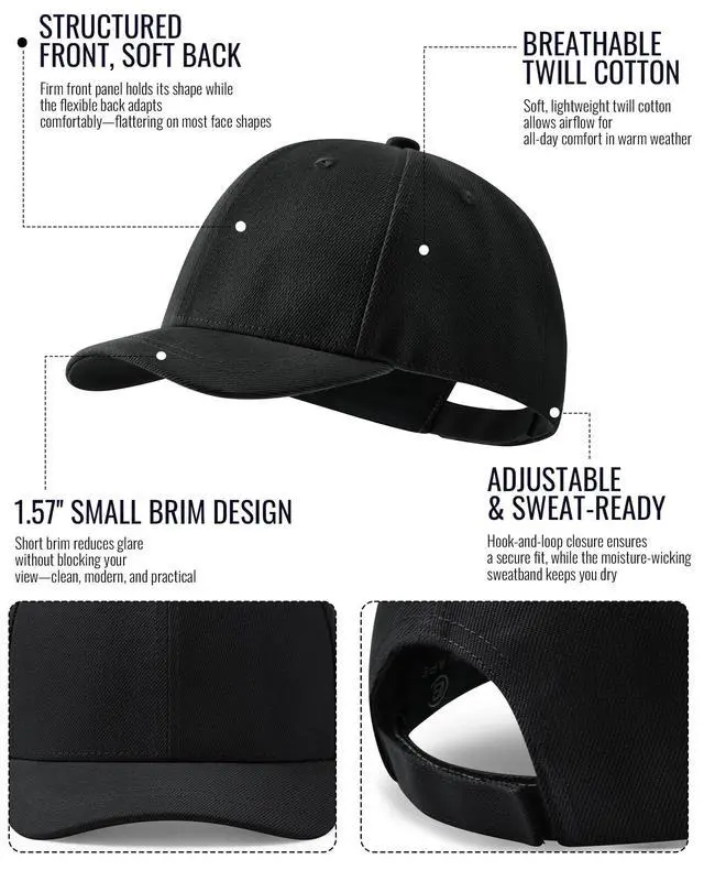 Alt view image 4 of 7 - Short Brim Baseball Cap, Fashion Cotton Anti Sweat Sunscreen Trucker Hats Short Bill Hats for Men Black