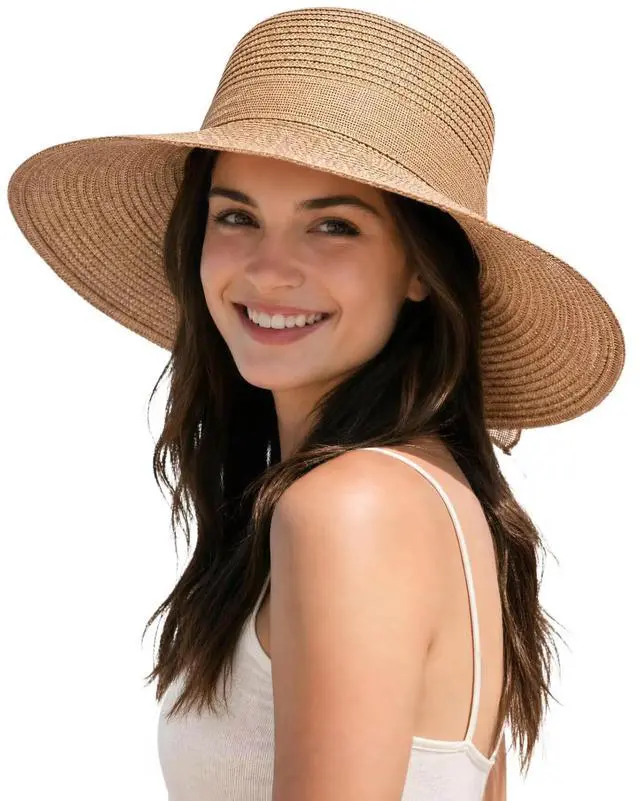 Main image of Sun Hats for Women UV Protection, Wide Brim Beach Straw Derby Hat Packable Floppy for Summer Vacation UPF 50+ Khaki
