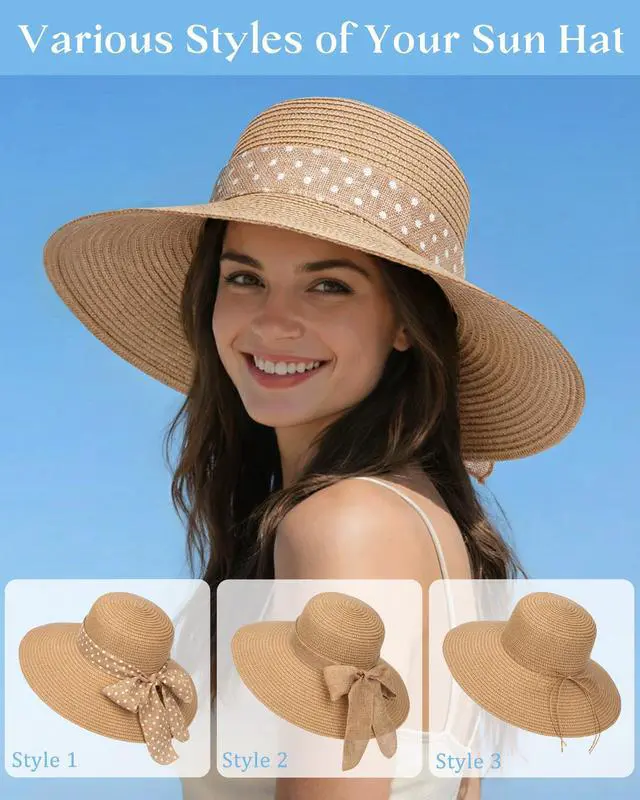 Alt view image 3 of 6 - Sun Hats for Women UV Protection, Wide Brim Beach Straw Derby Hat Packable Floppy for Summer Vacation UPF 50+ Khaki