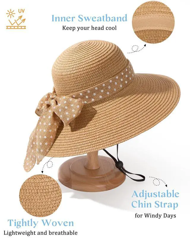 Alt view image 2 of 6 - Sun Hats for Women UV Protection, Wide Brim Beach Straw Derby Hat Packable Floppy for Summer Vacation UPF 50+ Khaki