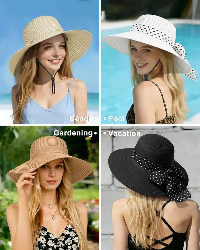 Alt view image 5 of 6 - Sun Hats for Women UV Protection, Wide Brim Beach Straw Derby Hat Packable Floppy for Summer Vacation UPF 50+ Khaki