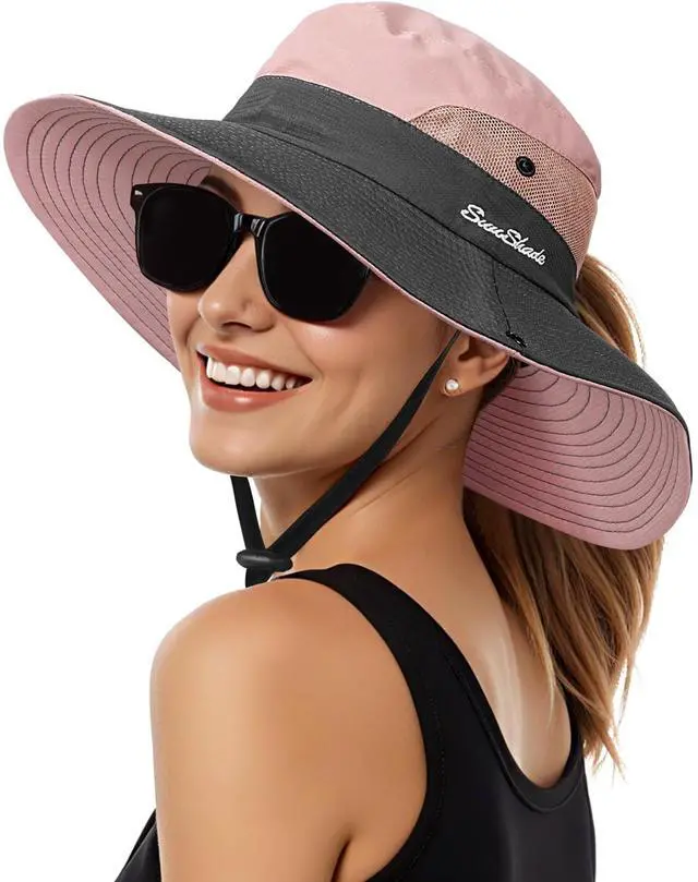 Main image of Sun Hats for Women, Wide Brim Beach Bucket Hats with Ponytail Hole, Outdoor UV Protection Foldable Fishing Hat Cooling Mesh Hiking Bucket Hat, Pink