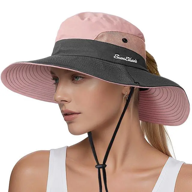 Alt view image 2 of 7 - Sun Hats for Women, Wide Brim Beach Bucket Hats with Ponytail Hole, Outdoor UV Protection Foldable Fishing Hat Cooling Mesh Hiking Bucket Hat, Pink
