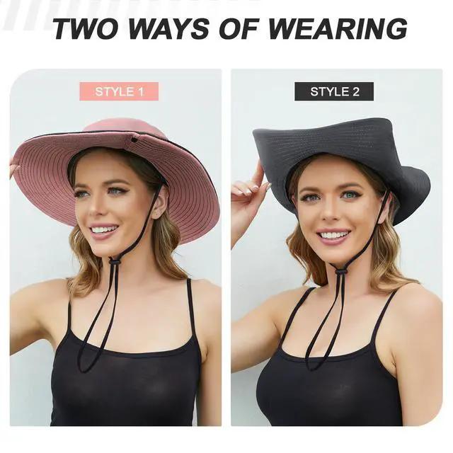 Alt view image 5 of 7 - Sun Hats for Women, Wide Brim Beach Bucket Hats with Ponytail Hole, Outdoor UV Protection Foldable Fishing Hat Cooling Mesh Hiking Bucket Hat, Pink
