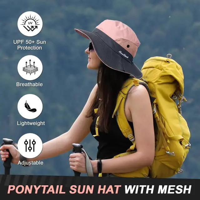 Alt view image 6 of 7 - Sun Hats for Women, Wide Brim Beach Bucket Hats with Ponytail Hole, Outdoor UV Protection Foldable Fishing Hat Cooling Mesh Hiking Bucket Hat, Pink