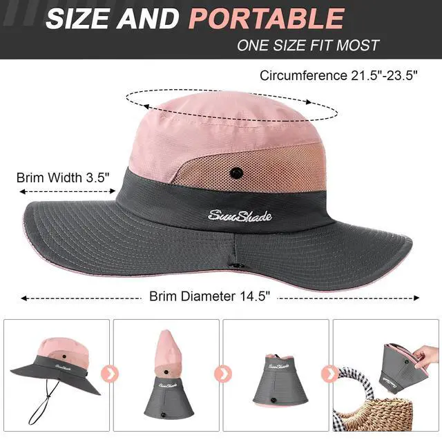 Alt view image 3 of 7 - Sun Hats for Women, Wide Brim Beach Bucket Hats with Ponytail Hole, Outdoor UV Protection Foldable Fishing Hat Cooling Mesh Hiking Bucket Hat, Pink