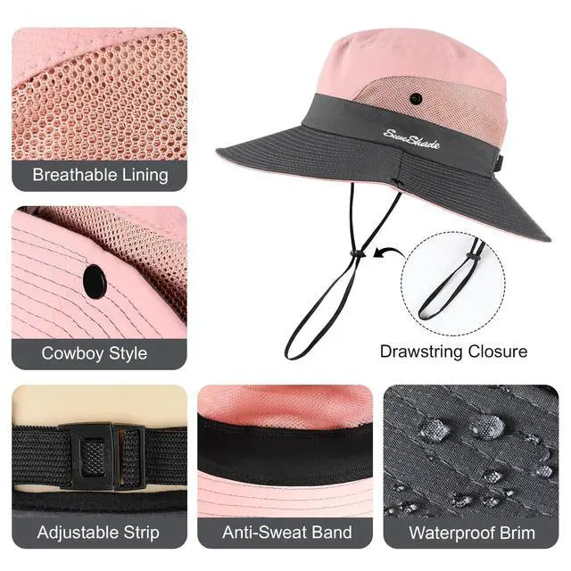 Alt view image 4 of 7 - Sun Hats for Women, Wide Brim Beach Bucket Hats with Ponytail Hole, Outdoor UV Protection Foldable Fishing Hat Cooling Mesh Hiking Bucket Hat, Pink