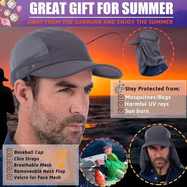 Alt view image 2 of 7 - Sun Cap Fishing Hat Baseball Cap with Face Neck Cover Flap Dark Grey