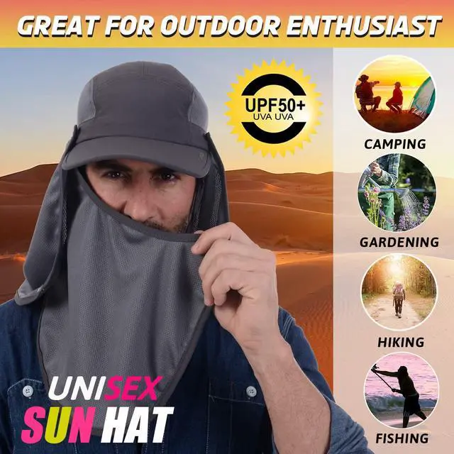 Alt view image 3 of 7 - Sun Cap Fishing Hat Baseball Cap with Face Neck Cover Flap Dark Grey