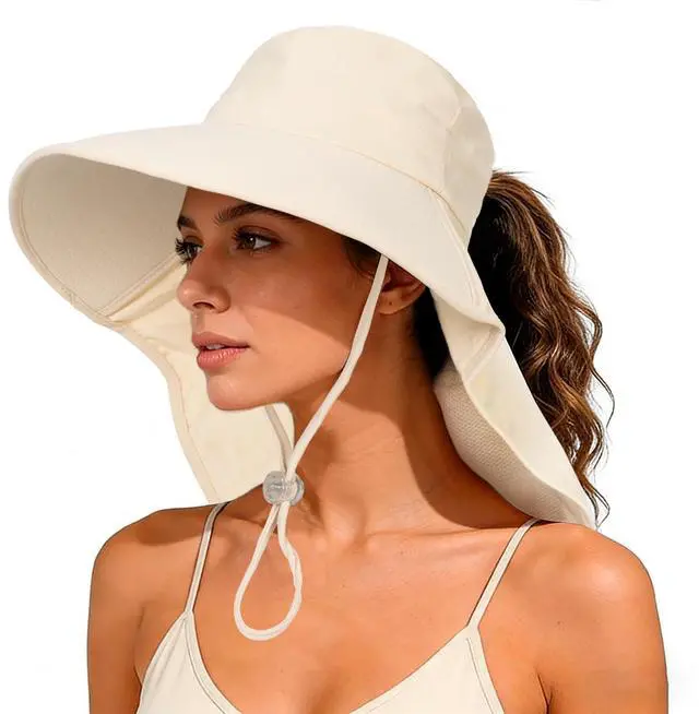 Main image of Sun Hats for Women Men - Sun Protection Beach Hat Wide-Brim Hiking Fishing Hat with Neck Flap Beige