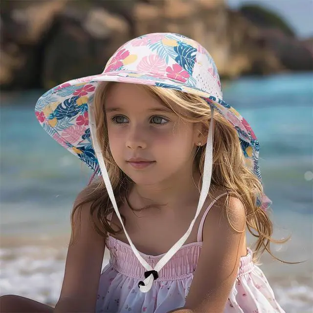 Alt view image 6 of 6 - Toddler Sun Hat for Baby Kids Summer UPF 50+ Sun Protection Beach Hats for Boys Girls Wide Brim Outdoor Play Hat (US, Age, 3 Months, 36 Months, Pink Flower)