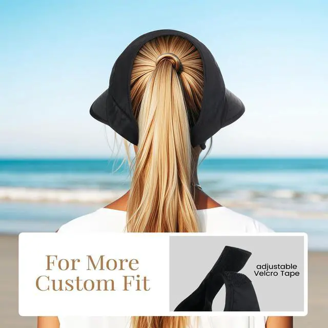 Alt view image 5 of 7 - Sun Hats for Women, Wide Brim Beach Hats UV Protection, Packable Visor Ponytail Sunhat for Summer, Black
