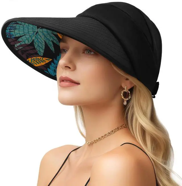 Main image of Sun Hats for Women, Wide Brim Beach Hats UV Protection, Packable Visor Ponytail Sunhat for Summer, Black