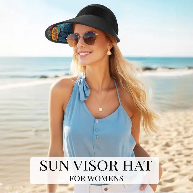 Alt view image 2 of 7 - Sun Hats for Women, Wide Brim Beach Hats UV Protection, Packable Visor Ponytail Sunhat for Summer, Black
